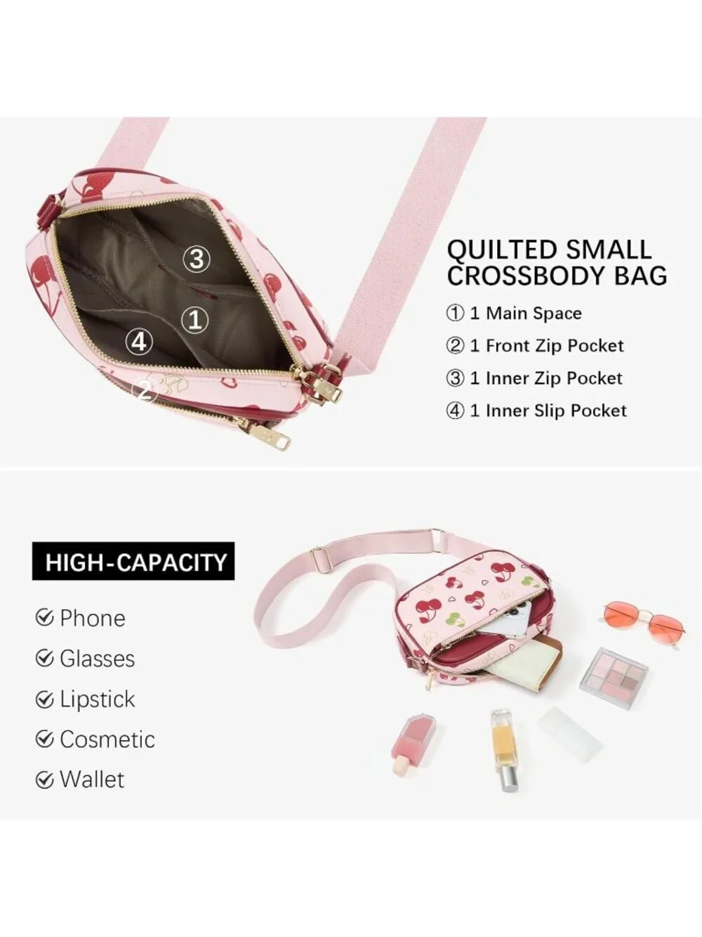 Women's Cherry Leather Crossbody Purses Shoulder Handbags with Wide Strap